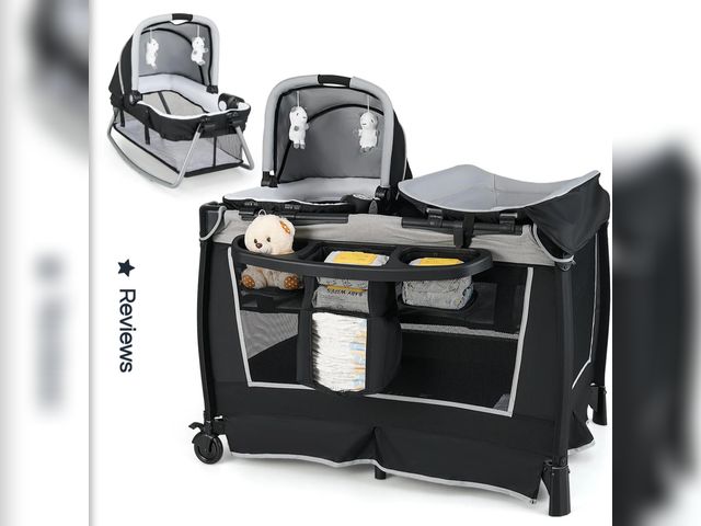 Lot 96-197722 - BABY JOY 4 in 1 Nursery Center, Foldable Pack and Play w/Bassinet, Changing Table
Open box 
Appears ...