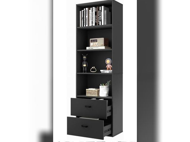 Lot 96-192335 - MAT EXPERT 71” Black Tall Bookcase, Modern Display Storage Cabinet with 4 Tier Open Shelves &amp; 2 ...