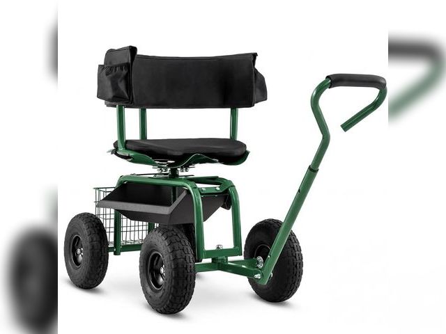 Lot 96-226050 - Costway Cushioned Rolling Garden Cart Scooter with Storage Basket and Tool Pouch MSRP $119.99 New
