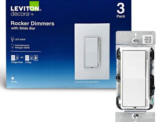 Lot 96-173670 - Leviton Decora 600-Watt Single-Pole/3-Way Universal Rocker Slide Dimmer, White (3-Pack) DSL06-3PW

N...