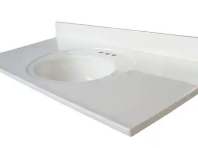Lot 96-165553 - Glacier Bay
49 in. W x 22 in. D Cultured Marble White Round Single Sink Vanity Top in White
MSRP $15...