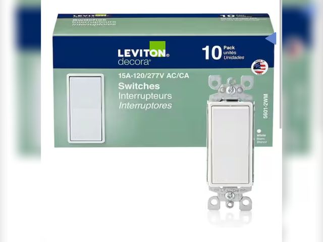 Lot 96-180079 - Leviton Decora 15 Amp Single Pole Rocker AC Quiet Light Switch, White (10-Pack) New