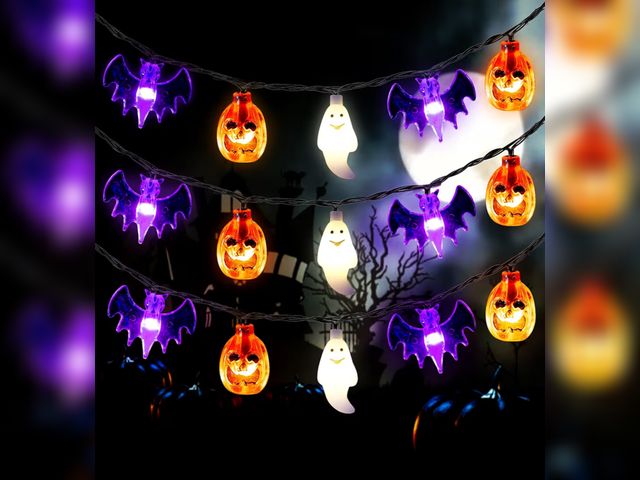 Lot 96-177457 - Mosoan Halloween Lights, 20Ft 30 LED Pumpkin Ghost Bat String Lights Battery Operated with Timer, 8 ...