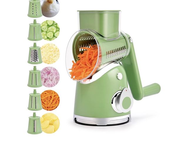 Lot 96-230676 - SUSTEAS Rotary Cheese Grater Hand Crank, Kitchen Shredder Vegetable Slicer 6 Blades, Strong Suction ...