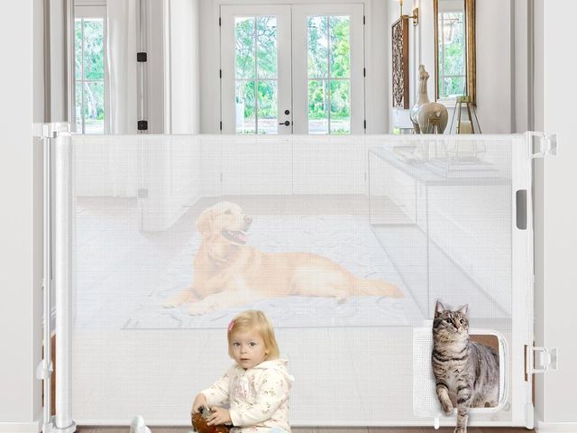 Lot 96-163936 - Retractable Baby Gates with Cat Door 80" Wide Retractable Dog Gate with Pet Door Outdoor Retractable...