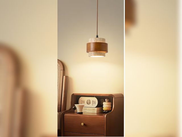 Lot 96-190669 - Natural Stone Pendant Light, Wabi Sabi Travertine &amp; Wood Hanging Lamp for Kitchen Island, Hallwa...