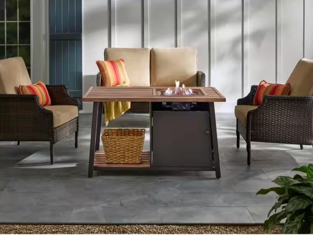 Lot 96-170548 - Hampton Bay Fordham 46 in. W 45000 Btu Brown Steel Propane Outdoor Fire Pit Table with Lava Rocks MS...