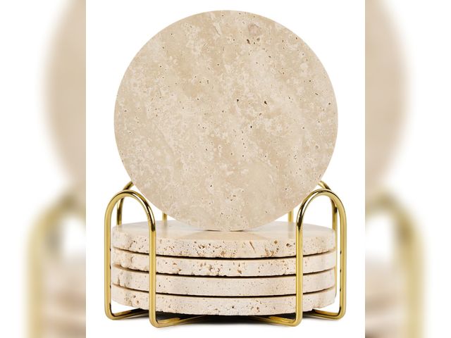 Lot 96-190974 - Italian Travertine Coasters Set of 5 with Holder, Round Beige Marble Drink Coasters for Coffee Table...