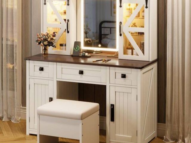 Lot 96-197161 - Nestfair
Beige 43.3 in. Makeup Vanity Dresser with 3 Drawer, 4 Cabinets, Charging Station, Storage S...