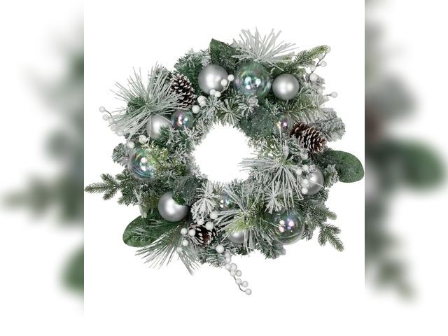Lot 96-192348 - Northlight Flocked Pine Artificial Christmas Wreath with Iridescent Ornaments, 24", Green
New