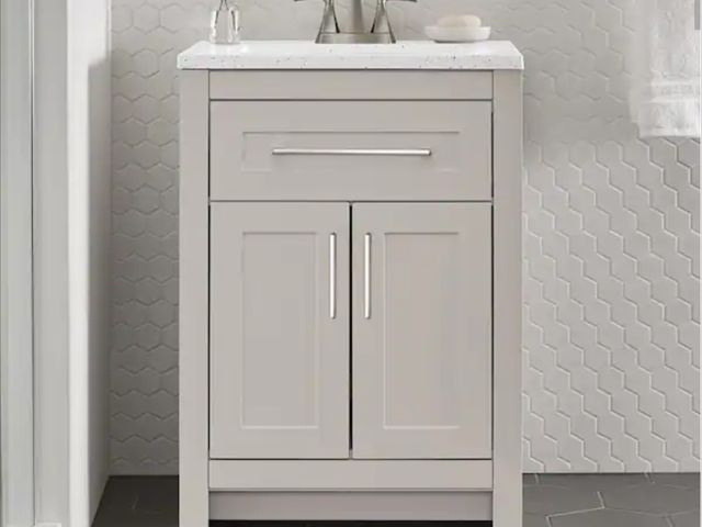 Lot 96-227787 - Home Decorators Collection Clady 25 in. Single Sink Gray Freestanding Bath Vanity with Silver Ash Cu...