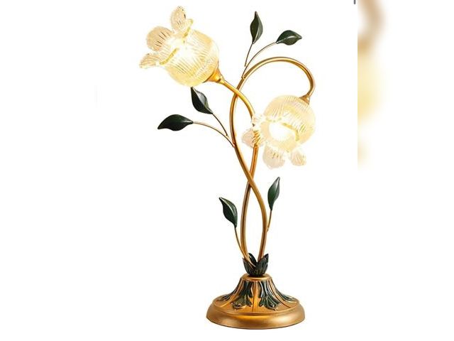 Lot 96-174741 - Gold Glass Flower Table Lamp Vintage 2-Light Floral Side Beside Desk Lamp Green Leaf and Milk Glass ...