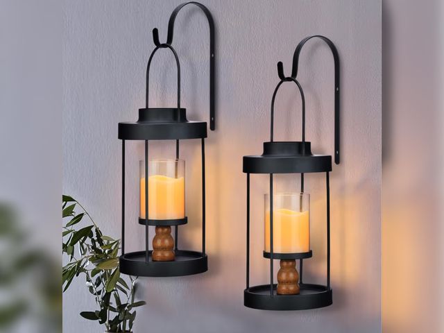Lot 96-190480 - Metal Wall Sconce Candle Lantern Set of 2 - Black Wall Mounted Wood and Metal Hanging Holder with Gl...