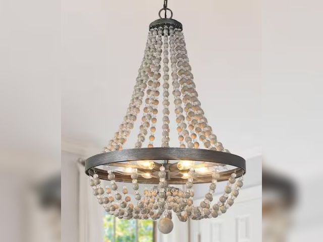 Lot 96-173480 - Farmhouse Brushed Black Crystal Beaded Chandelier 6-Light Wood Island Basket Pendant Lighting for Di...