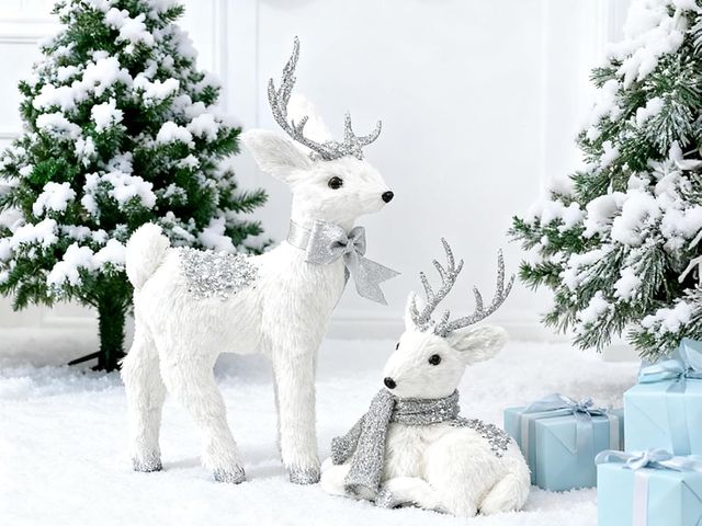 Lot 96-202853 - 2PCS 15inch Christmas Sisal Reindeer Decoration White Sisal Deer Silver Glitter Accented Reindeer Wo...
