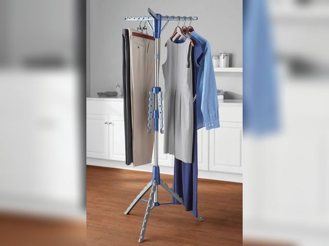Lot 96-164583 - Mainstays Space-Saving 2-Tier Steel Tripod Hanging Clothes Drying Rack, Blue/Silver

New