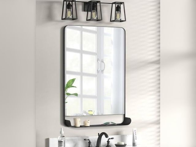 Lot 96-164531 - Bathroom Mirror with Shelf Vanity Mirror for Bathroom, 19.7.5" x 27.3" Rectangle Metal Rounded Wall ...