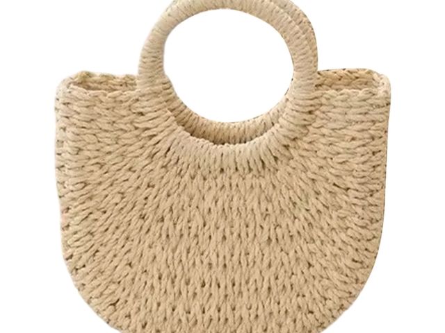 Lot 96-230712 - Handwoven Straw Tote Bag, Handbag with Rattan Round Handle for Summer Beach Vacation Travel, Beige N...