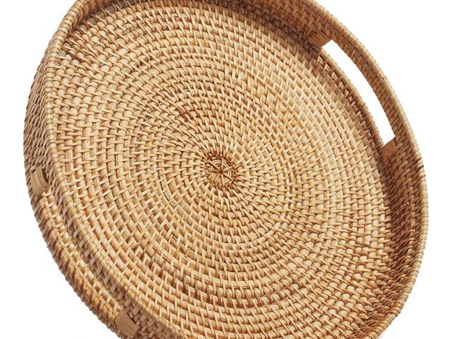Lot 96-170649 - Coffee Table Tray Round Rattan Ottoman Tray Woven Serving Trays with Handles for Home and Kitchen De...