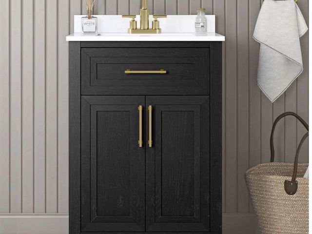 Lot 96-222250 - Home Decorators Collection Beaufort 24 in. Single Sink Freestanding Black Bath Vanity with White Eng...