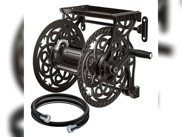 Lot 96-171338 - Metal Decorative Garden Hose Reel, Heavy Duty Hose Holder for Outside, Aluminum Frame, No-Leak Alumi...