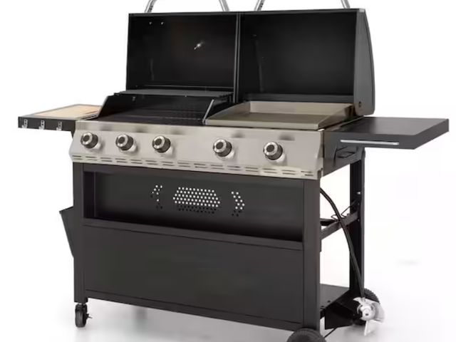 Lot 96-169377 - PHI VILLA 5-Burner Propane Gas Grill and Griddle Combo in Black with Cooking Grates and Plate MSRP $...