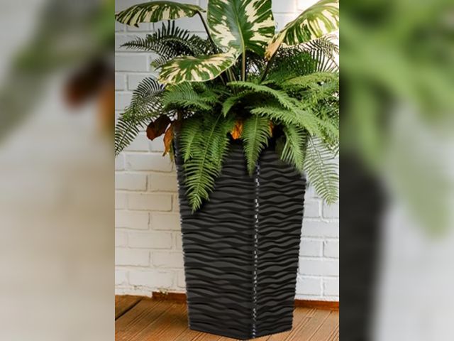 Lot 96-190280 - Worth Garden 22" Tall Planters - Plastic White Square Plant Pots - Modern Big Tapered Matte Wavy Tre...