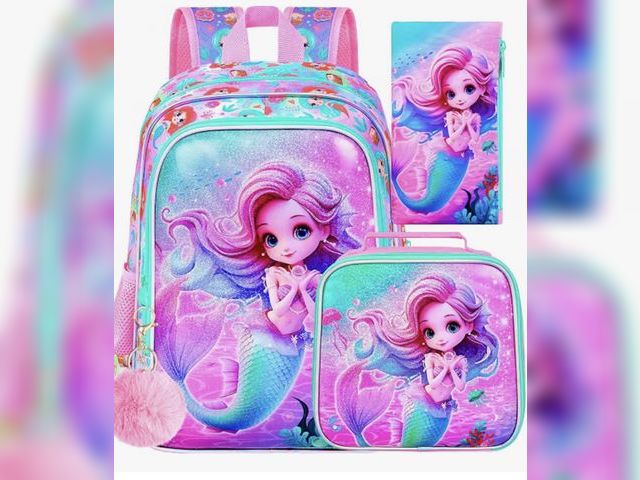 Lot 96-230770 - Three-piece mermaid backpack set with lunchbox and water bottle holder. Slightly different than stoc...