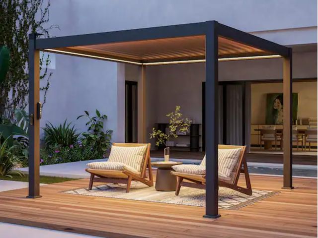 Lot 96-232864 - Sonkuki Titan Series 10 ft. x 10 ft. LED Aluminized Steel Louvered Pergola Modern Outdoor Pergola wi...