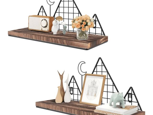 Lot 96-175918 - Floating Shelves, Set of 2 24” Mountain Wall Shelves, Rustic Wood Display Storage Shelf with Metal W...