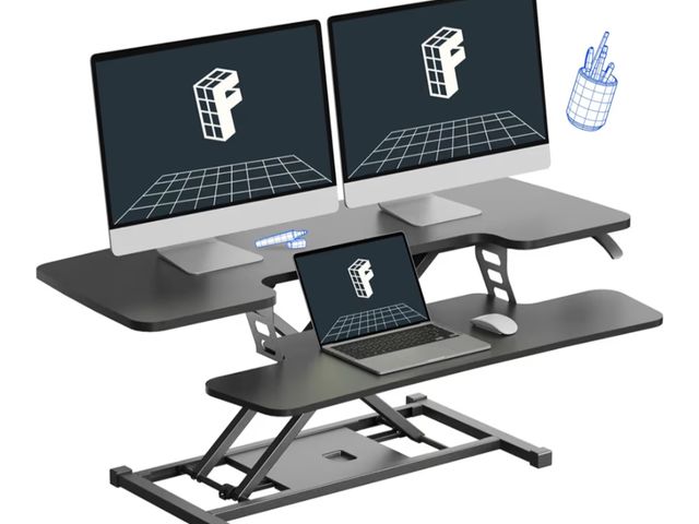 Lot 96-180963 - FLEXISPOT Black Standing Desk Converter 42-inch, Spacious Sit to Stand up Dual Monitor and Laptop Ri...