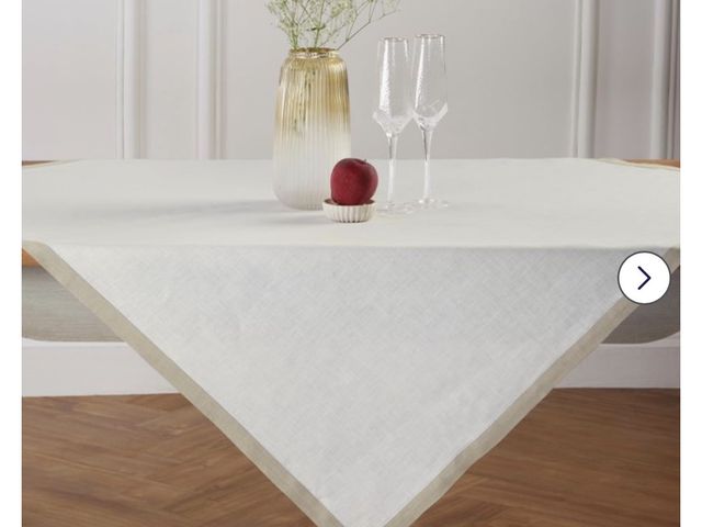 Lot 96-197539 - Solino Home Linen Tablecloth 52 x 52 Inch - White/Natural Shimmer Border Decorative Tablecloth - Mac...
