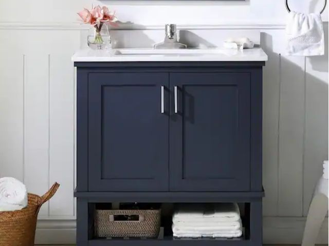 Lot 96-232559 - Home Decorators Collection Tupelo 30 in. Single Sink Freestanding Midnight Blue Bath Vanity with Whi...