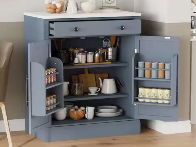 Lot 96-183182 - Gray Kitchen Pantry Cabinet with Drawer, Adjustable Shelves and 2 Door Shelves, Modern Wood Cupboard...