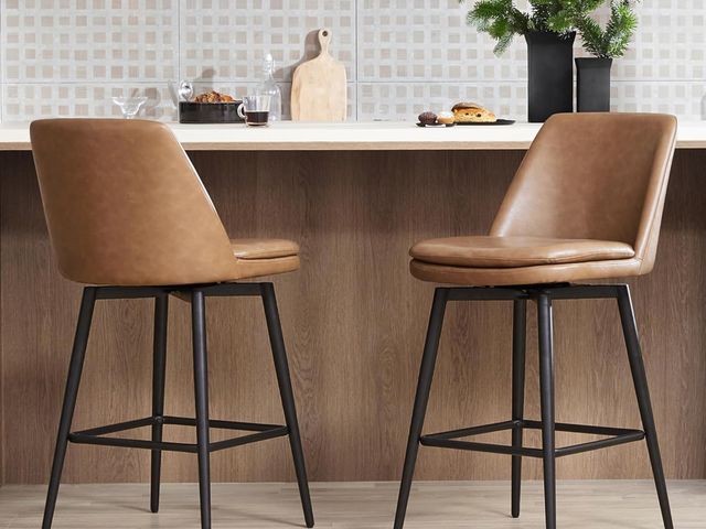 Lot 96-160425 - Counter Height Swivel Barstools, FSC Certified Upholstered Faux Leather Bar Stools Set of 2, Metal B...