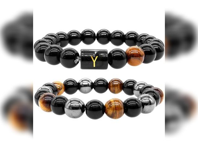 Lot 96-174238 - Initial Letter Black Obsidian Beaded Bracelets for Men, Mens Triple Protection Bracelet,10mm Natural...