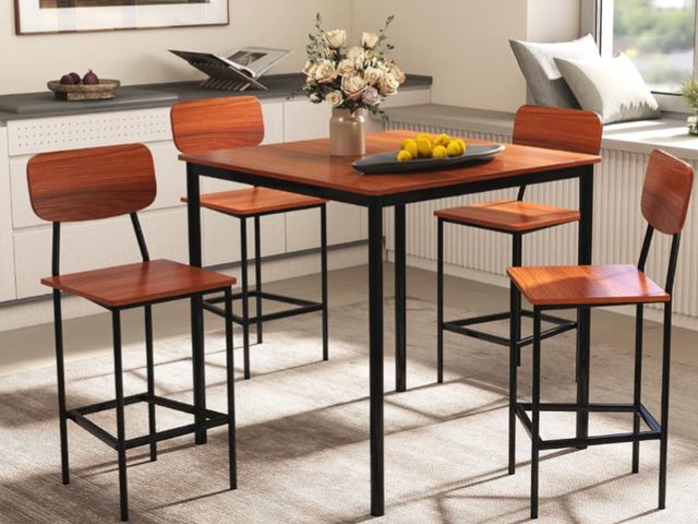 Lot 96-226918 - COSTWAY Dining Table Set for 4, Counter Height Table &amp; 4 Bar Stools, Walnut 5-Piece Square Kitch...