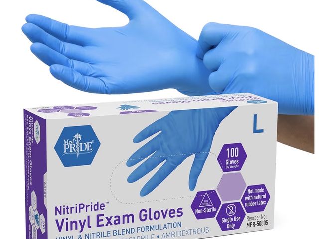 Lot 96-233166 - MED PRIDE Nitrile/Vinyl Blend Exam Gloves,Powder-Free,Blue,Large,100-Count New