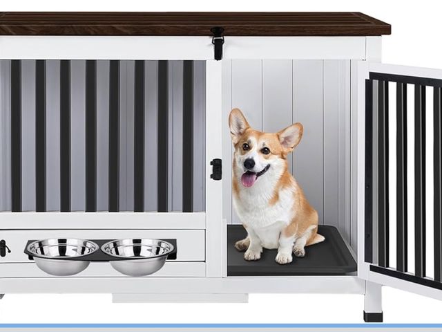 Lot 96-209977 - 33.3 Inch Wooden Dog Crate Furniture - Multi-Functional Dog Crate Side Table with 360° Swivel Feeder...