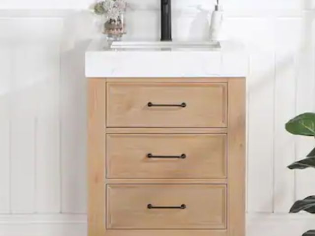 Lot 96-170471 - León 24 in.W x 22 in.D x 34 in.H Single Sink Bath Vanity in Fir Wood Brown with White Composite Ston...