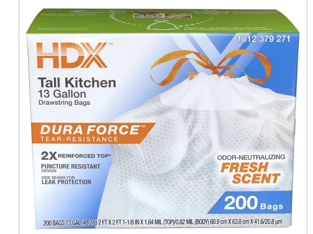 Lot 96-221875 - HDX 13 Gallon Reinforced Top
Drawstring Fresh Scented Tall
Kitchen Trash Bags with 20%
PCR (200-Coun...