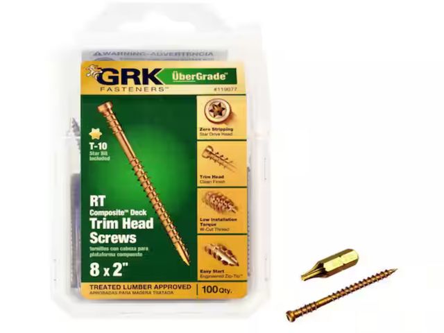 Lot 96-164932 - GRK Fasteners
#8 x 2 in. Star Drive Composite Trim Head Deck Screw 

New