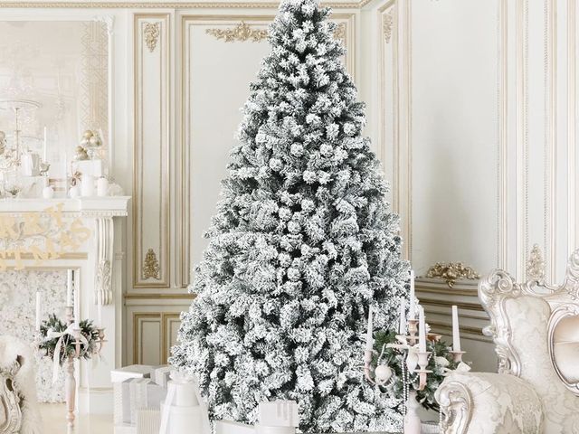 Lot 96-197753 - COSTWAY 9 FT Pre-Lit Christmas Tree, Snow Flocked Hinged Xmas Tree with 1498 Branches Tips &amp; 550...