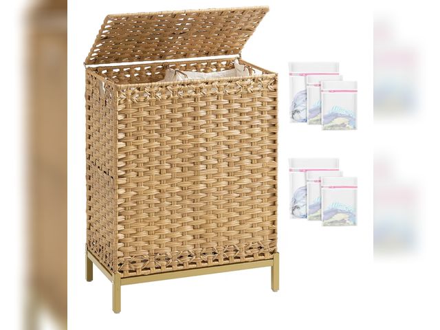 Lot 96-188219 - Laundry Hamper with Lid, 112 L Handwoven Rattan Wicker Laundry Basket, 2 Removable Liner Bags Metal ...
