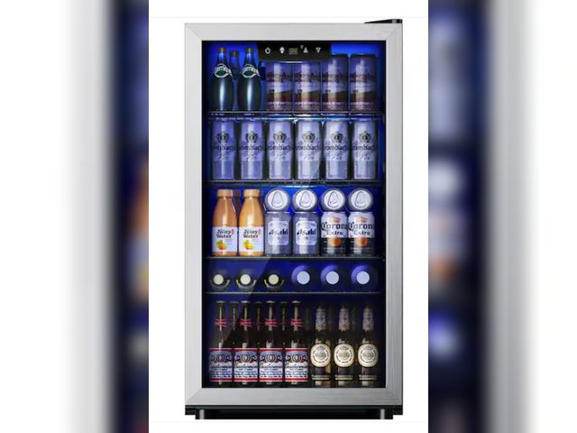 Lot 96-226330 - SIMZLIFE
17.3 in.W Single Zone 130-Cans Freestanding Beverage Refrigerator Cooler in Silver, Reversi...