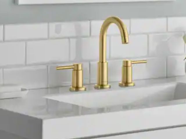 Lot 96-211587 - Glacier Bay Dorind 8 in. Widespread 2- Handle High-Arc Bathroom Faucet in Brushed Gold Used loose ha...