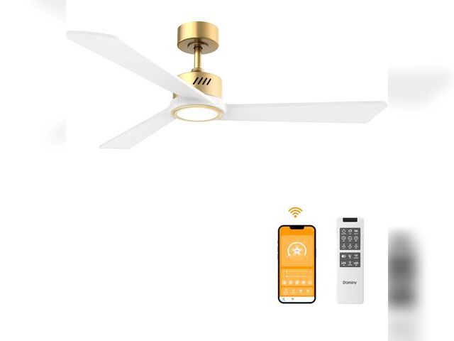 Lot 96-178990 - DAMINY Natural Solid Wood White and Gold 52 inch Ceiling Fan with Light,3 Blades,6CCT,Low Profile Ce...