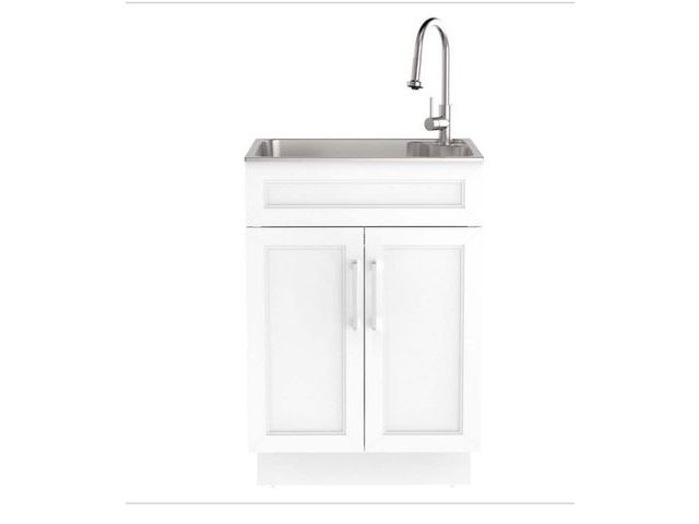 Lot 96-211742 - Glacier Bay 24 in. Drop-in Stainless Steel Laundry Sink with Cabinet Ready to Assemble in White with...
