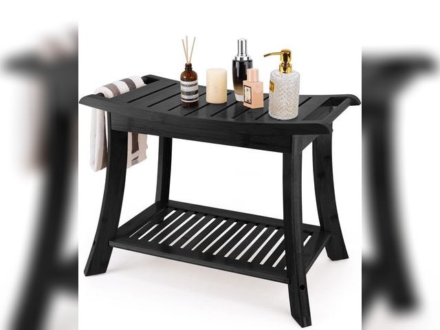 Lot 96-177681 - VVW Bamboo Shower Bench &amp; Stool with Storage Shelf, Bath Benches for Inside Shower, Bathroom Sto...