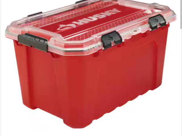 Lot 96-162712 - Husky 
20-Gal. Professional Heavy Duty Waterproof Stackable Plastic Storage Container with Hinged Li...